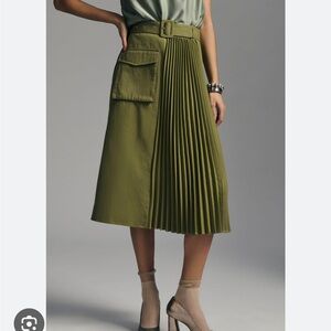 Olive Green Midi Pleated Utility Skirt